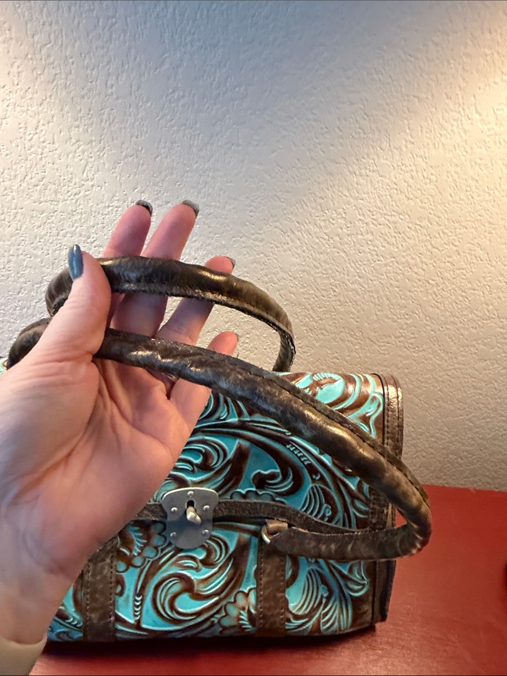 Patricia Nash Turquoise and Brown Tooled Floral Leather Satchel - Picture 9 of 10